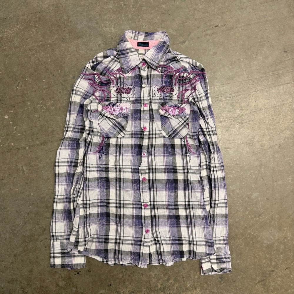 Roar‎ Destined Womens Purple Plaid Embroidered Sequin Western Button Down Shirt